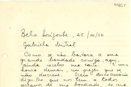 [Carta] 1942 oct. 25, Belo Horizonte, Minas Gerais [a] Gabriela Mistral
