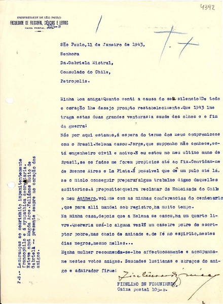 [Carta] 1943 jan. 11, São Paulo [a] Gabriela Mistral, Petrópolis