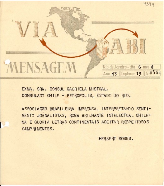 [Telegrama] 1943 abr. 6, Río de Janeiro [a] Gabriela Mistral, Petrópolis