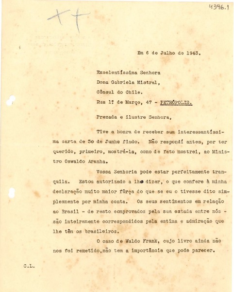 [Carta] 1943 jul. 6, Río de Janeiro [a] Gabriela Mistral, Petrópolis