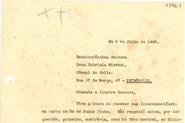 [Carta] 1943 jul. 6, Río de Janeiro [a] Gabriela Mistral, Petrópolis