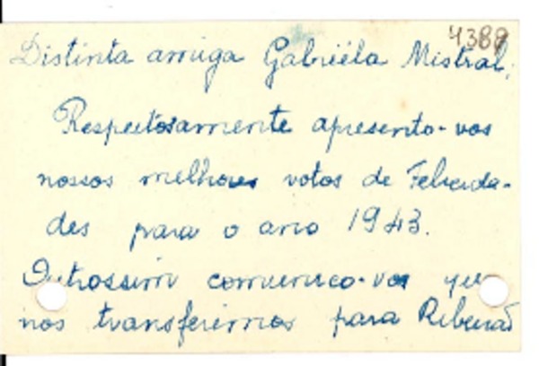 [Tarjeta] 1943 ene. 7, Ribeirao Preto, Brasil [a] Gabriela Mistral