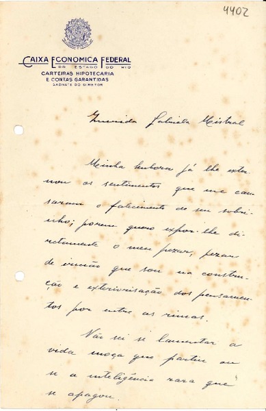 [Carta] 1943 ago. 20, Río de Janeiro [a] Gabriela Mistral