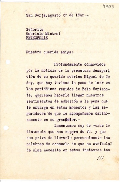 [Carta] 1943 ago. 27, San Borja, [Brasil] [a] Gabriela Mistral, Petrópolis