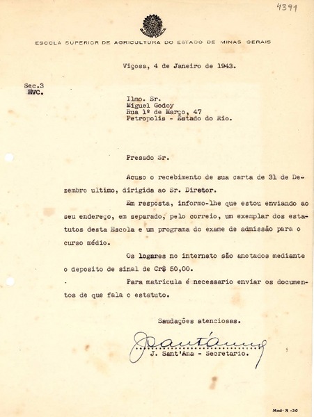 [Carta] 1943 ene. 4, Vicosa, [Brasil] [a] Miguel Godoy, Petrópolis