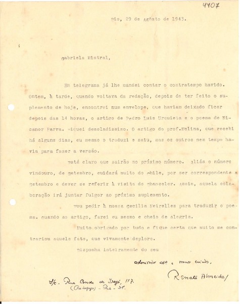 [Carta] 1943 ago. 29, Rio, [Brasil] [a] Gabriela Mistral