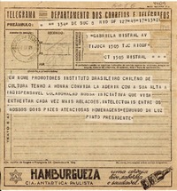 [Telegrama] 1943 sept. 17, Rio DF, [Brasil] [a] Gabriela Mistral, Rio DF, [Brasil]
