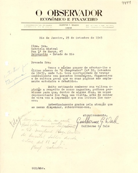 [Carta] 1943 sept. 25, Río de Janeiro [a] Gabriela Mistral, Río de Janeiro