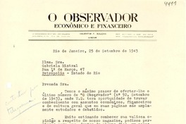 [Carta] 1943 sept. 25, Río de Janeiro [a] Gabriela Mistral, Río de Janeiro