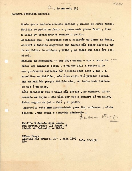 [Carta] 1943 ago. 29, Río de Janeiro [a] Gabriela Mistral