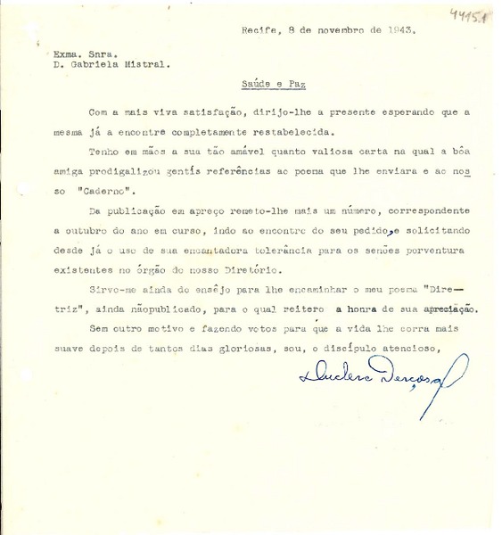 [Carta] 1943 nov. 9, Recife [a] Gabriela Mistral