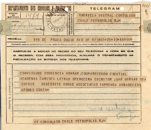 [Telegrama] 1943 nov. 13, Petrópolis [a] Gabriela Mistral