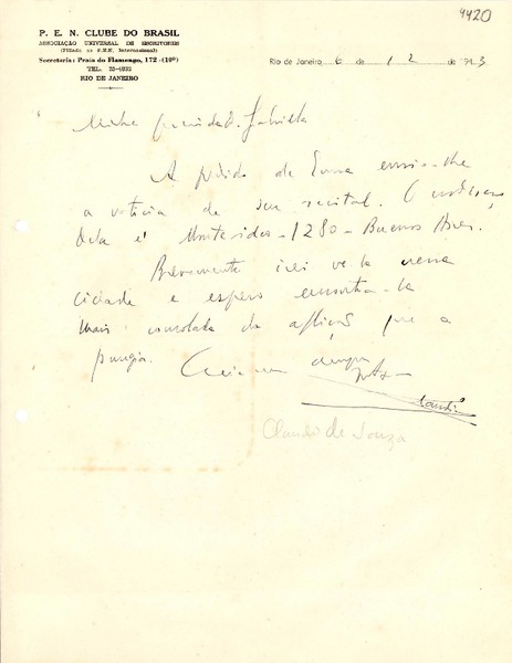 [Carta] 1943 dic. 6, Río de Janeiro [a] Gabriela Mistral
