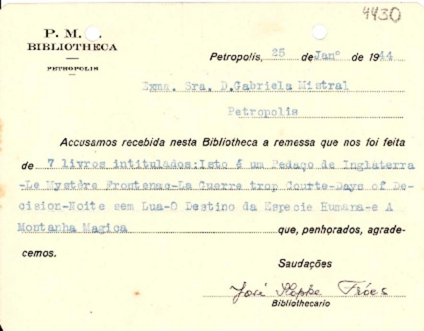 [Tarjeta] 1944 ene. 25, Petrópolis, [Brasil] [a] Gabriela Mistral, Petrópolis