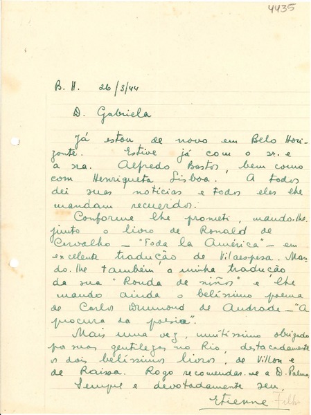 [Carta] 1944 mar. 26, [Belo Horizonte, Brasil] [a] Gabriela Mistral