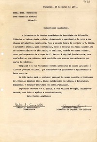 [Carta] 1944 mar. 28, Campinas, [Brasil] [a] Gabriela Mistral, Niterói