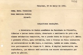 [Carta] 1944 mar. 28, Campinas, [Brasil] [a] Gabriela Mistral, Niterói