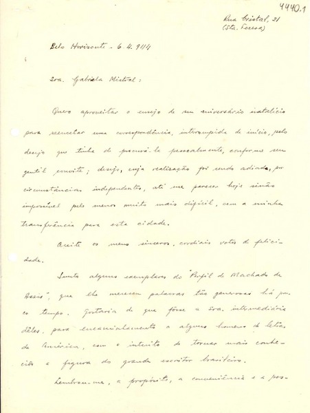 [Carta] 1944 abr. 6, Belo Horizonte, [Brasil] [a] Gabriela Mistral