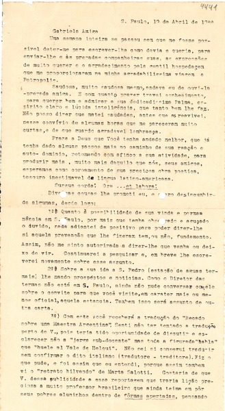[Carta] 1944 abr. 19, S. Paulo, [Brasil] [a] Gabriela Mistral