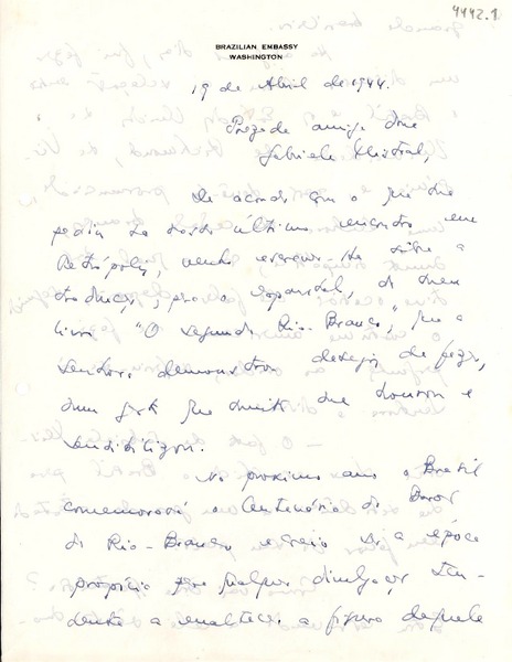 [Carta] 1944 abr. 19, Washington [a] Gabriela Mistral