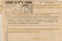 [Telegrama] 1944 jul. 26, Niteroi, Río de Janeiro [a] Gabriela Mistral, Rio, [Brasil]