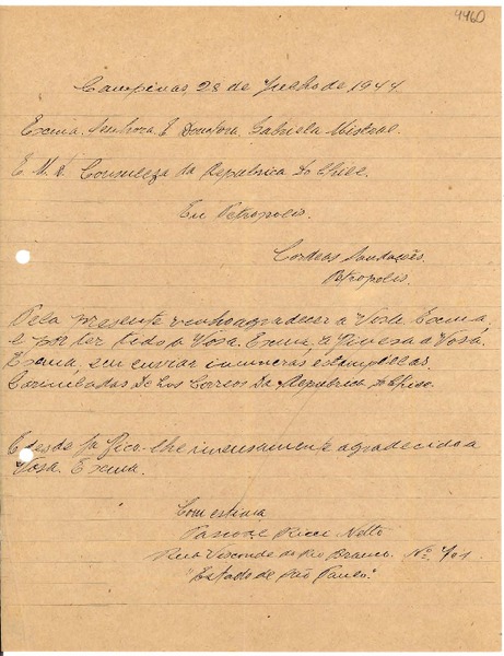 [Carta] 1944 jul. 28, Campinas, [Brasil] [a] Gabriela Mistral, Petrópolis