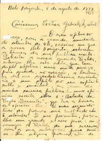 [Carta] 1944 ago. 6, Belo Horizonte, [Brasil] [a] Gabriela Mistral, Petrópolis