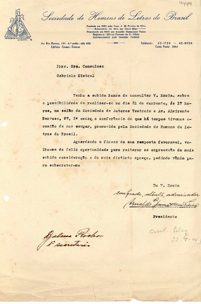 [Carta] 1944 mayo 22, [Brasil] [a] Gabriela Mistral