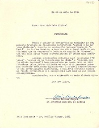 [Carta] 1944 mayo 22, Belo Horizonte [a] Gabriela Mistral, Petrópolis