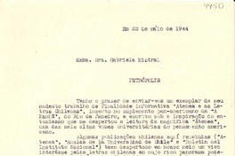 [Carta] 1944 mayo 22, Belo Horizonte [a] Gabriela Mistral, Petrópolis