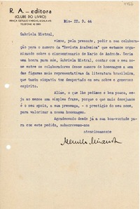 [Carta] 1944 sept. 22, Río [de Janeiro] [a] [Gabriela Mistral]