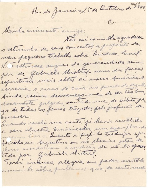 [Carta] 1944 oct. 25, Río de Janeiro [a] [Gabriela Mistral]