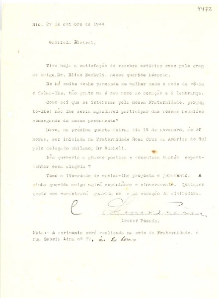 [Carta] 1944 oct. 27, Rio, [Brasil] [a] Gabriela Mistral