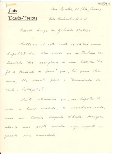 [Carta] 1944 jun. 11, Belo Horizonte [a] Gabriela Mistral