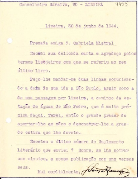 [Carta] 1944 jun. 30, Limeira, [Brasil] [a] Gabriela Mistral