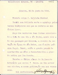 [Carta] 1944 jun. 30, Limeira, [Brasil] [a] Gabriela Mistral