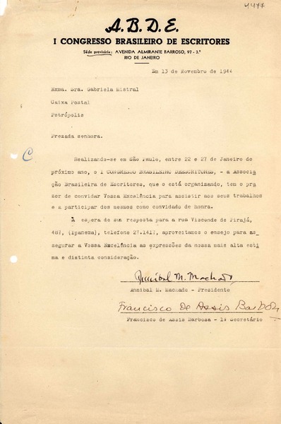 [Carta] 1944 nov. 13, Río de Janeiro [a] Gabriela Mistral, Petrópolis