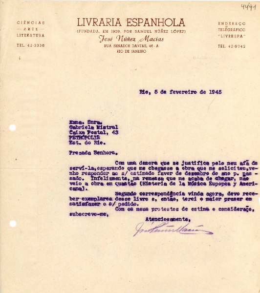 [Carta] 1945 feb. 5, Río [de Janeiro] [a] Gabriela Mistral, Petrópolis