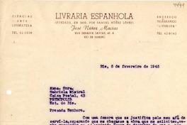 [Carta] 1945 feb. 5, Río [de Janeiro] [a] Gabriela Mistral, Petrópolis
