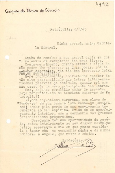[Carta] 1945 feb. 6, Petrópolis, [Brasil] [a] Gabriela Mistral