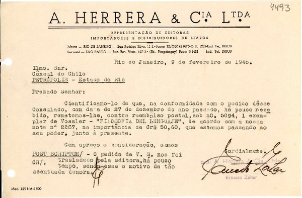 [Carta] 1945 feb. 9, Río de Janeiro [a] [Gabriela Mistral], Petrópolis
