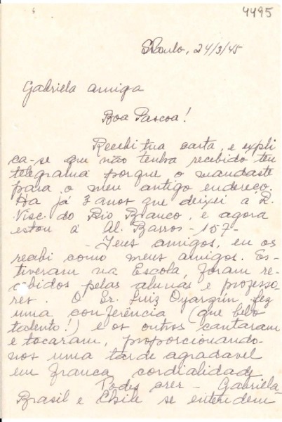 [Carta] 1945 mar. 24, Sao Paulo [a] Gabriela Mistral