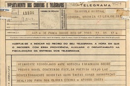 [Telegrama] 1945 nov. 15, De Praca Duque, Rio, [Brasil] [a] Gabriela Mistral, Leblon, Rio, [Brasil]