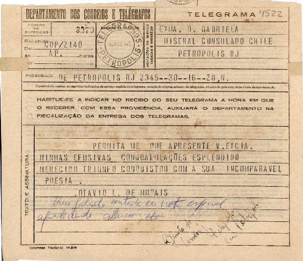 [Telegrama] 1945 nov. 16, Petrópolis, [Río de Janeiro] [a] Gabriela Mistral, Petrópolis