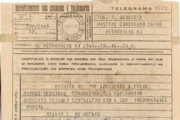 [Telegrama] 1945 nov. 16, Petrópolis, [Río de Janeiro] [a] Gabriela Mistral, Petrópolis
