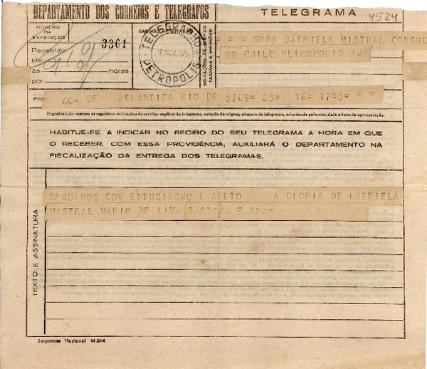 [Telegrama] 1945 nov. 17, Rio DF, [Brasil] [a] Gabriela Mistral, Consul do Chile, Petrópolis, RJ, [Brasil]