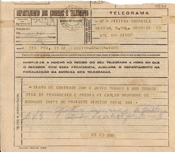 [Telegrama] 1945 nov. 16, Brasil [a] Gabriela Mistral, Rio DF, [Brasil]