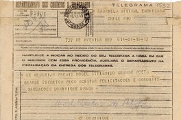 [Telegrama] 1945 nov. 16, Petrópolis, Brasil [a] Gabriela Mistral