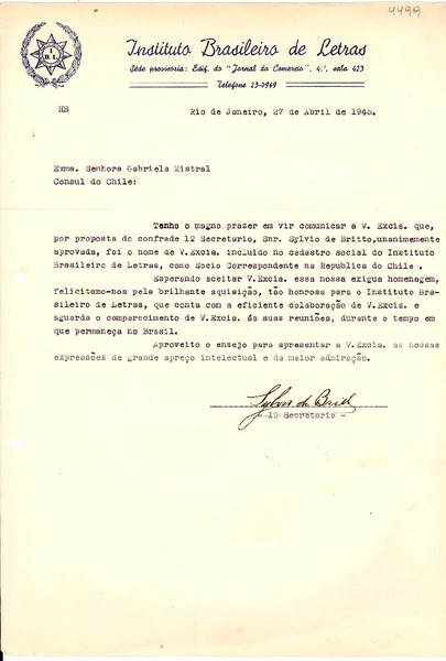 [Carta] 1945 abr. 27, Río de Janeiro [a] Gabriela Mistral