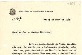 [Carta] 1945 mayo 15, [Brasil] [a] [Gustavo Capanema]